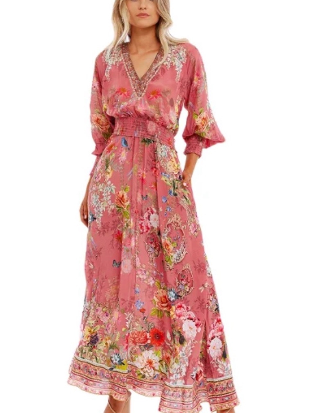 Camilla Floral Pattern dress with shirring in patchwork heart print size M